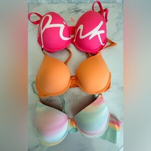 PINK Victoria's Secret Hot Pink, Orange & Pastel Rainbow Bras - 3-Pack